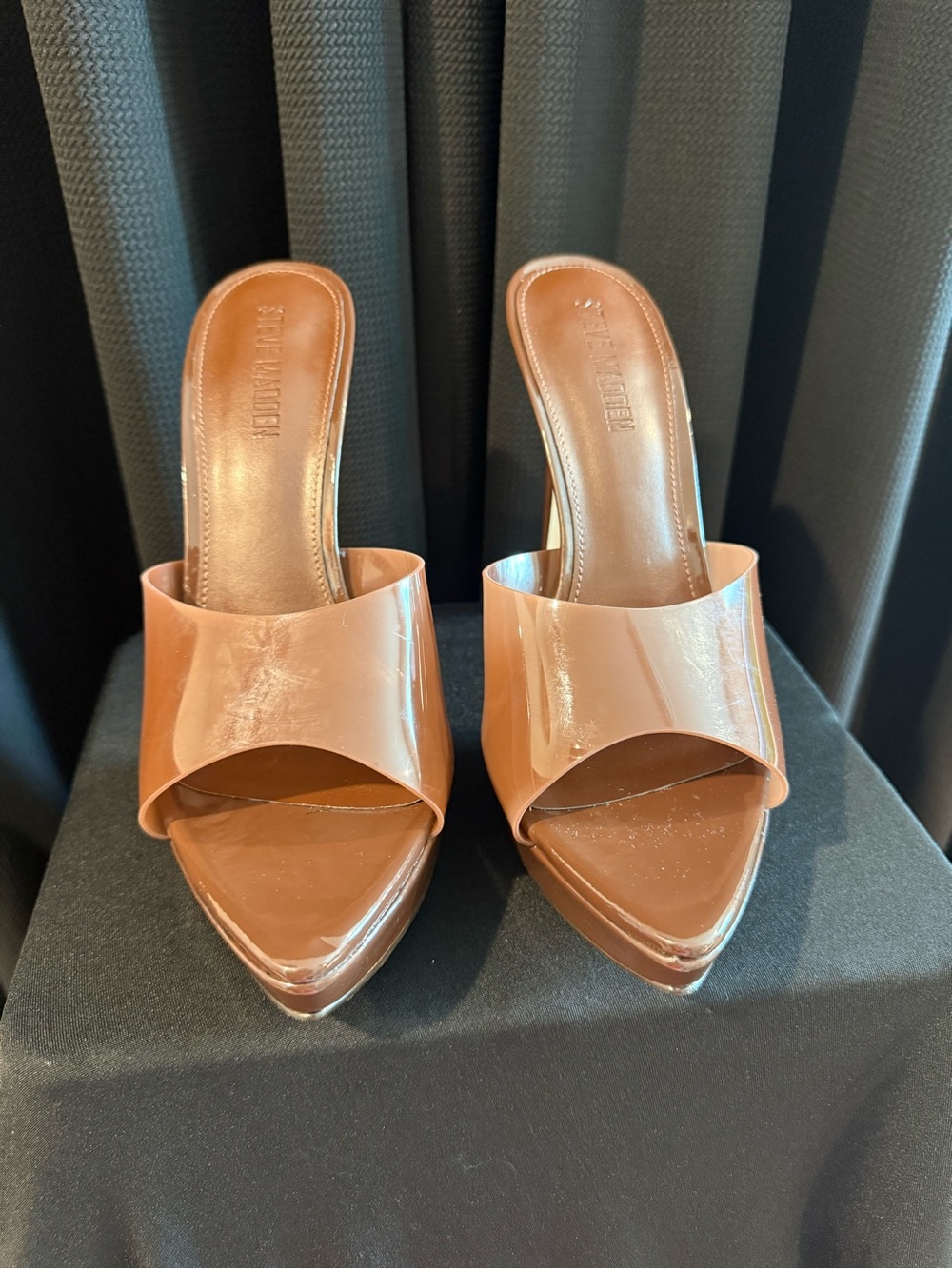 Steve Madden Patent Slide Mules in Brown Tan